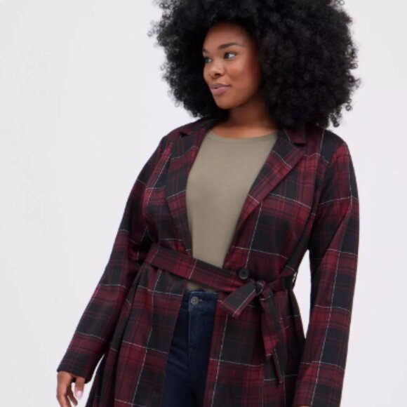 Torrid Textured Plaid Belted Trench Coat - Picture 1 of 14